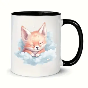 Taza de café de cerámica con lindo zorro durmiendo, asa negra, ideal para la oficina.