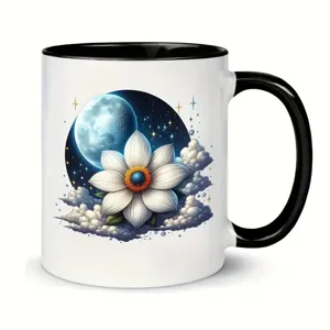 Taza de café de cerámica blanca con asa negra, decorada con un diseño mágico de luna y flores.
