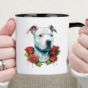 Close-up of white ceramic coffee mug featuring detailed pitbull dog and red roses design.