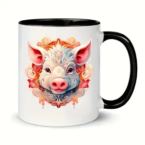 Ceramic coffee mug with artistic pig illustration, black handle and rim, 11oz gift cup.