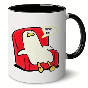 Taza de cerámica con un divertido diseño de meme, asa negra y borde elegante para el café.
