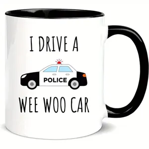 Lustige Polizeiauto Kaffeetasse, schwarz-weisser Keramikbecher fuer Buero und Alltag.