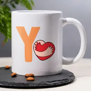 White ceramic coffee mug with letter Y print, ideal for office use and DIY coffee drinks.