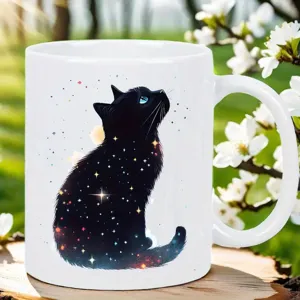 Taza de café de cerámica blanca con un diseño de gato negro estrellado para la oficina.