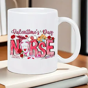 White ceramic coffee mug detail view, featuring cute nurse Valentine print design.