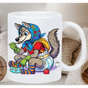 Taza de café de cerámica blanca con linda ilustración de lobo, ideal para oficina y hogar.
