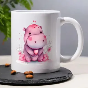 Close-up detail shot of a white ceramic coffee mug featuring a cute pink hippo illustration.