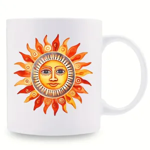 Ceramic coffee mug detail featuring colorful artistic sun face graphic for daily office use.