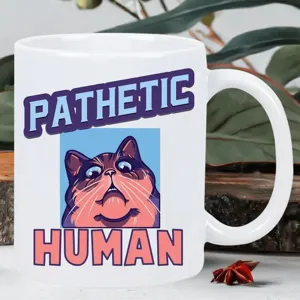 Taza de café de cerámica con divertido diseño de gato y texto, taza blanca para la oficina.