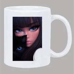 Taza de café de cerámica blanca con elegante ilustración de chica anime y gato negro.