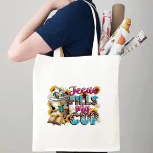 Vista dettagliata della borsa tote in tela bianca casual con stampa colorata Gesù.