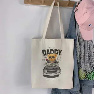 Borsa shopper in tela casual con stampa di orso cool, elegante borsa a tracolla per uso quotidiano.