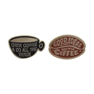 Set van retro koffiekopje en boon metalen geemailleerde speldjes met Engelse citaten.