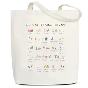 Modische weiße Segeltuchtasche mit bunten Alphabet- und Food-Mustern für den Alltag.