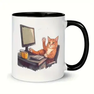 Witzige Keramik Kaffeetasse mit niedlicher Katzen-Grafik fuer das Buero oder zu Hause.
