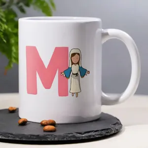 Custom ceramic coffee mug with pink letter M and cute religious cartoon illustration print for office.