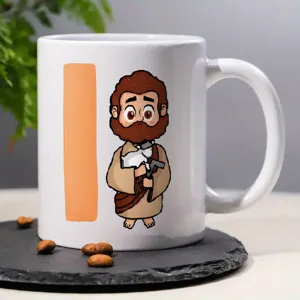 White ceramic coffee mug with cute cartoon Jesus illustration and orange stripe, perfect for office.