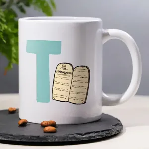White ceramic coffee mug with letter T design, perfect for office and daily use, elegant.