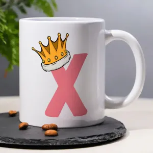 White ceramic coffee mug with custom pink letter crown design for office and daily use.