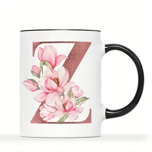 Keramik Kaffeetasse mit Blumen und Buchstabe Z, weisser Becher mit schwarzem Henkel