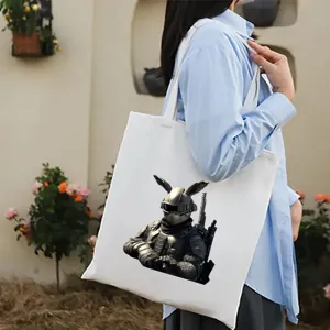 Borsa tote in tela bianca con stampa coniglietto tattico, borsa a tracolla casual