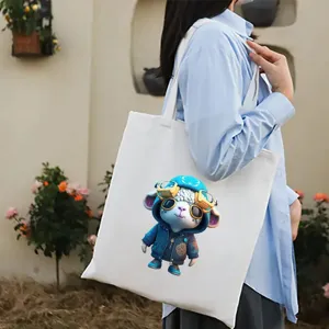 Borsa tote casual in tela bianca con stampa di simpatiche pecorelle, stile personalizzato.