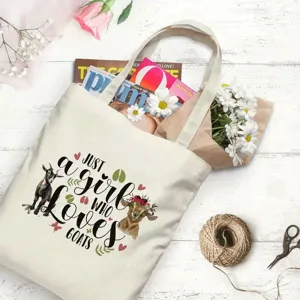 Borsa shopper in tela con grazioso motivo di capra e citazione divertente, borsa casual.