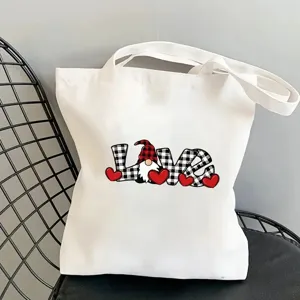 Borsa shopper in tela bianca con stampa di gnomo amore, borsa ecologica casual per uso quotidiano.