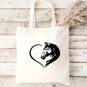 Elegante borsa shopper in tela bianca con stampa di testa di cavallo per uso quotidiano eccellente.