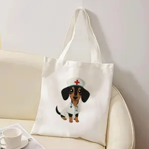 Casual witte canvas shopper tas met schattige cartoon honden verpleegster print voor dagelijks.