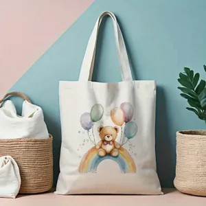 Canvas shopper tas met schattige aquarel beer regenboog print, casual stijlvolle schoudertas.