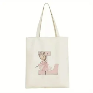 Borsa shopper in tela personalizzata con graziosa ballerina e stampa della lettera L.