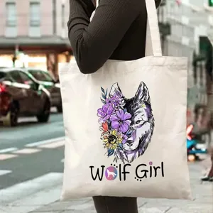 Segeltuch Tragetasche mit Wolf Mädchen Blumen Kunst Grafik, lässige Schultertasche.