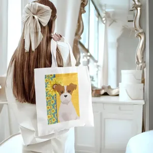 Detailansicht der weißen Canvas Tragetasche mit Hund und Sonnenblumen Motiv für Alltag.