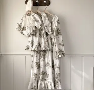 2026 Korean kids autumn vintage floral smocked long sleeve romper and dress outfit set