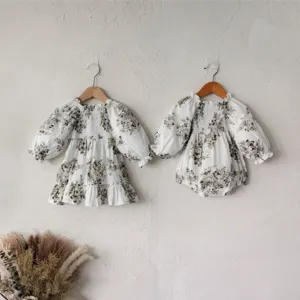 Infant vintage floral smocked long sleeve romper and dress set detail, cute baby girl autumn style