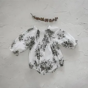 Infant baby girl long sleeve floral romper vintage smocked cotton baby bodysuit detail view