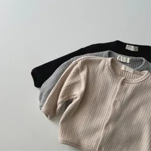 Baby solid ribbed knit cardigan crewneck long sleeve baby casual top in three colors.