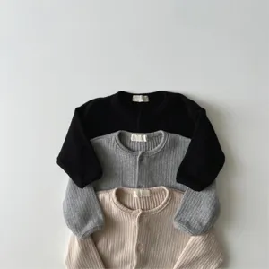 Baby solid color ribbed cardigan, cute button down crew neck knit sweater for infant boys and girls.