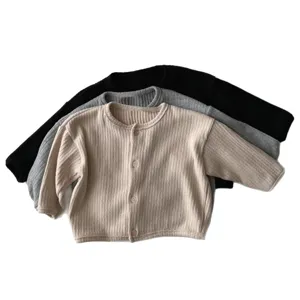 Baby solid color ribbed crewneck cardigan, infant long sleeve single-breasted casual knit jacket.