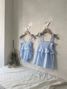 Detail zomer jurk baby meisje jacquard gesmokt katoen, ademende bandjes comfortabel.
