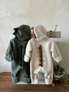 Cute baby fleece dinosaur romper with cozy hood and warm long sleeves for infants winter daily wear.
