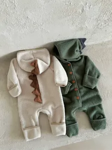 Baby double-sided fleece dinosaur hooded jumpsuit, warm thermal romper with windproof cuffs.
