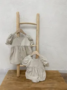 Baby summer woven cotton bubble sleeve embroidered romper and top set neutral clothes