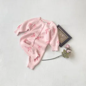 Infant baby knit romper long sleeve pink bow sweater jumpsuit for autumn winter daily wear