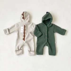 Baby fleece dinosaur jumpsuit with cute hood, warm long sleeve infant romper clothes.