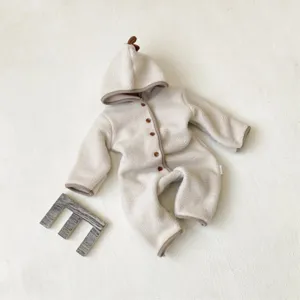 Baby fleece hooded romper with cute dinosaur horn, soft warm baby jumpsuit for infant daily wear.