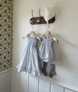 Baby summer blue white plaid smocked dress romper set cute infant sleeveless clothes