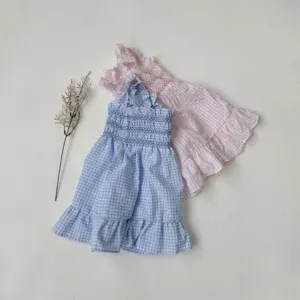 Cute baby girls plaid sleeveless smocked dress set, summer lightweight infant suspender skirt.