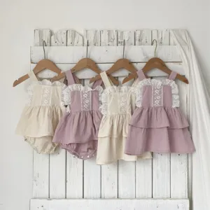 Cute baby girl lace strap romper dress set, pure cotton toddler cute clothing detail.